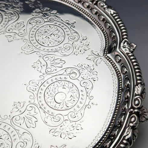 1899年 英国アンティーク 純銀製サルヴァ カードトレイ 直径22cm 315g Mappin Brothers